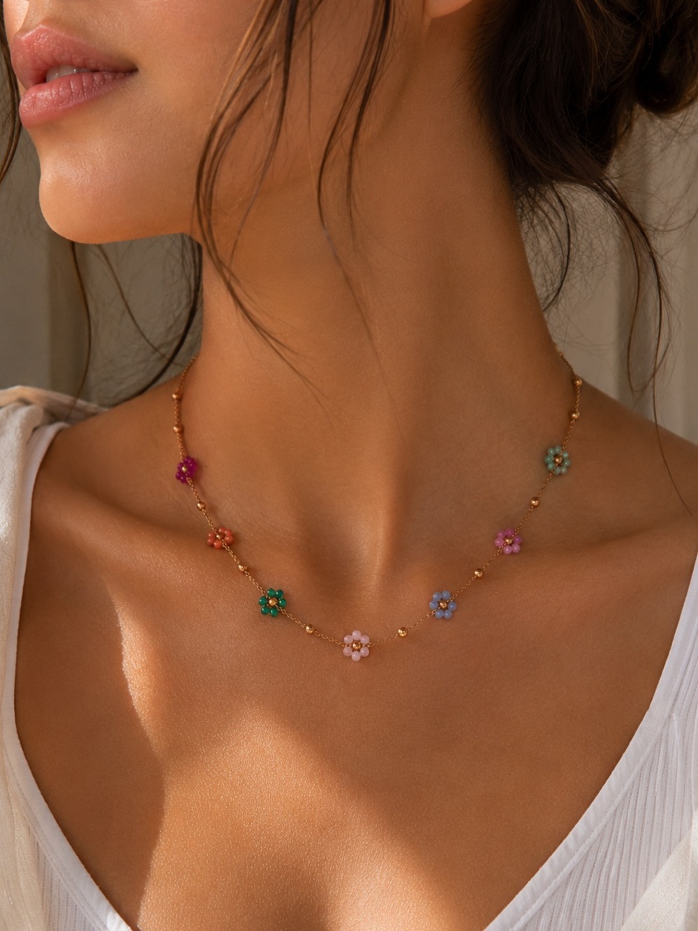18K Gold Plated Multicolor Beaded Flower Necklace